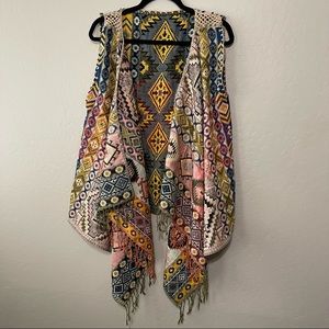 Tribal boho embroidered knit waterfall kimono cardigan fringe vest artist made